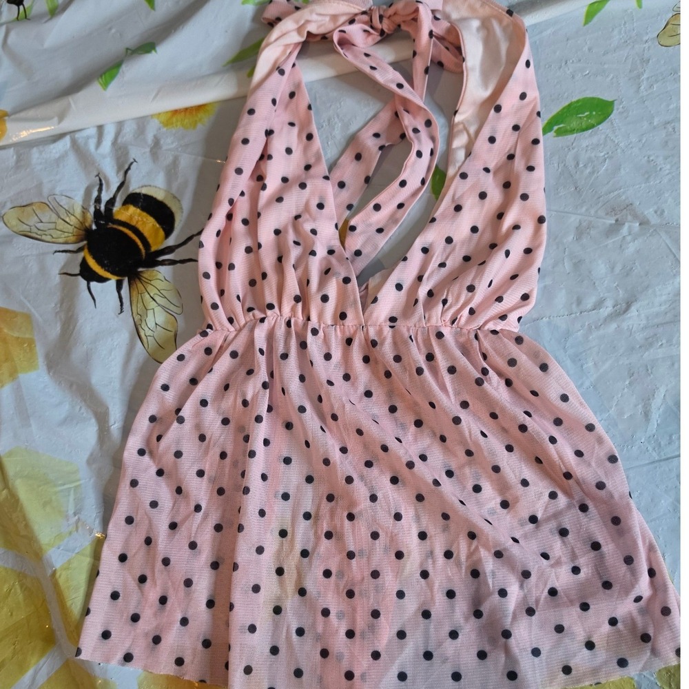Pink Polka Dot Halter Top Open Back Tie Babydoll V-Neck Mesh Small